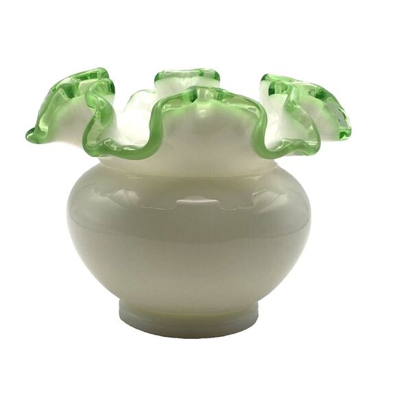 Vintage Fenton White Milk PetticoatGlass Green Ruffled Edge - Picture 2 of 9
